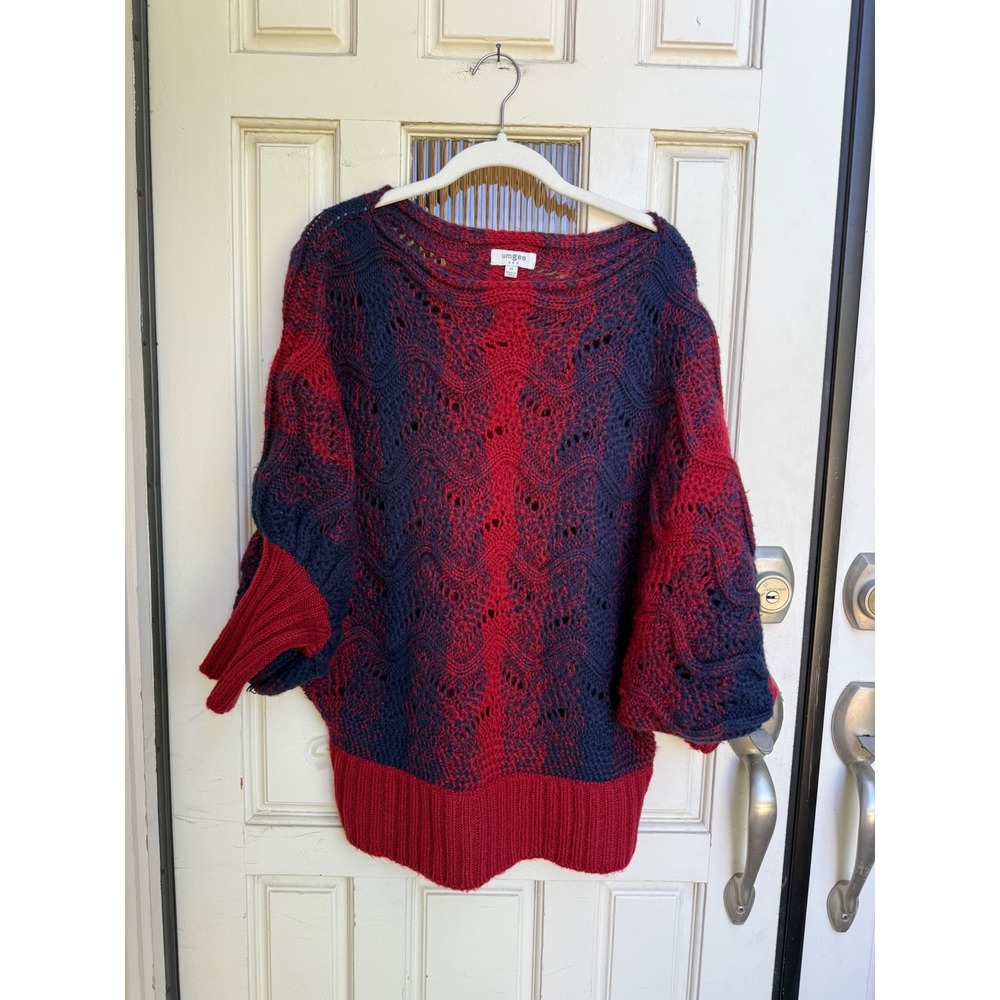 Umgee Sweater Red Blue Open Knit Dolman Sleeve Boat Neck Pullover Size Medium